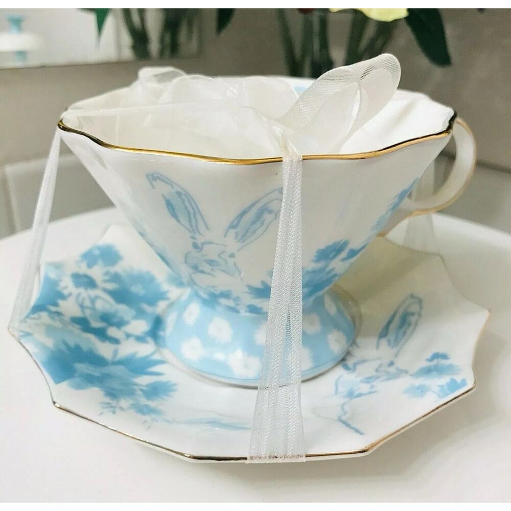 Meritage Easter Spring BLUE Bunny Floral Tea Cup & Saucer Plate Set